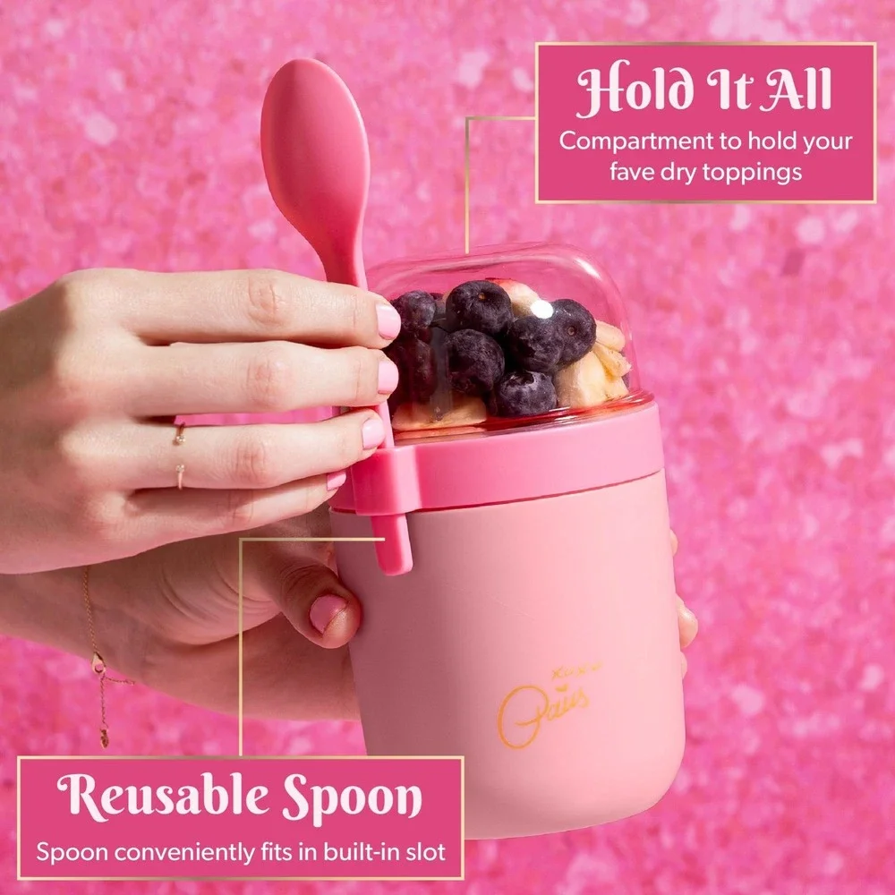 Paris Hilton Pink‎ Bow Snack Cup with Spoon – 3 Compartments, On-the-Go Lunch